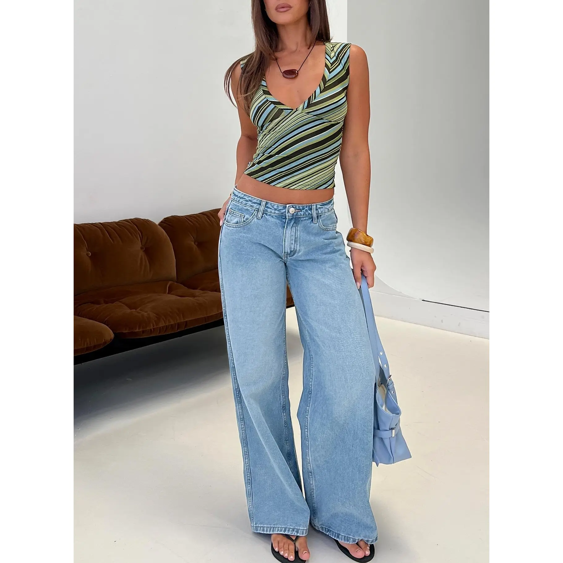 Ramos Low Rise Wide Leg Denim Jeans Bright Blue Wash