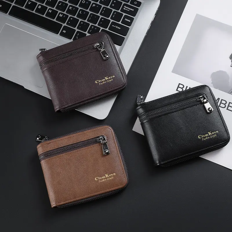 GOODBEE Mens Wallet, Casual Retro Leather Bifold with Short Zip Closure, Plain Design with Multiple Card Pockets, Bifold Shape, Short Wallet, Wallets