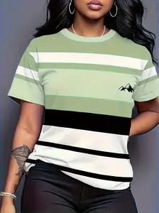 Women's Green and White Striped Short-Sleeve T-Shirt with Mountain Logo on the Chest – Outdoor, Daily Wear, Fitness, Sports, and Leisure Summer Top