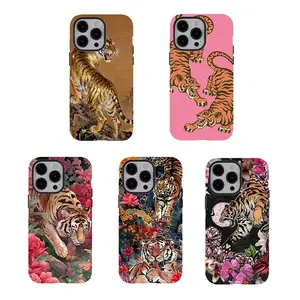 [No Magnetic] Vintage Chinese Tigers Floral Phone Case,Chinese Aesthetic Tough phone Cover,Durable Dual-Layer design phone casing for iPhone 17 16 15 14 13 12 11 8 7 for Samsung Series,Shockproof tough Protective smartphone Cover,perfect gift for her/him