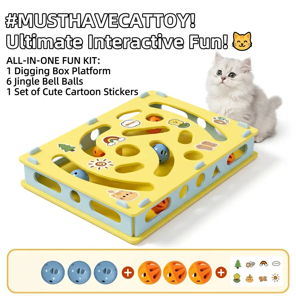 [On Sale] Interactive Cat Puzzle Toy with Bell Balls, Cat Digging Box, Indoor Cat Enrichment Toy, Boredom Relief Hunting Game for Kittens & Adult Cats