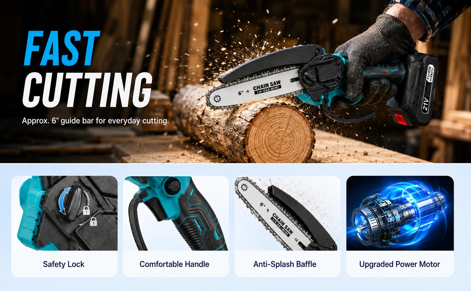 Mini Chainsaw Cordless,6 Inch Portable Electric Chainsaw with 2 Batterys/Automatic Oiler/Security Lock/Powered Small Handheld Saw for Trees Branches Trimming,Gifts for Father Men Dad Husband