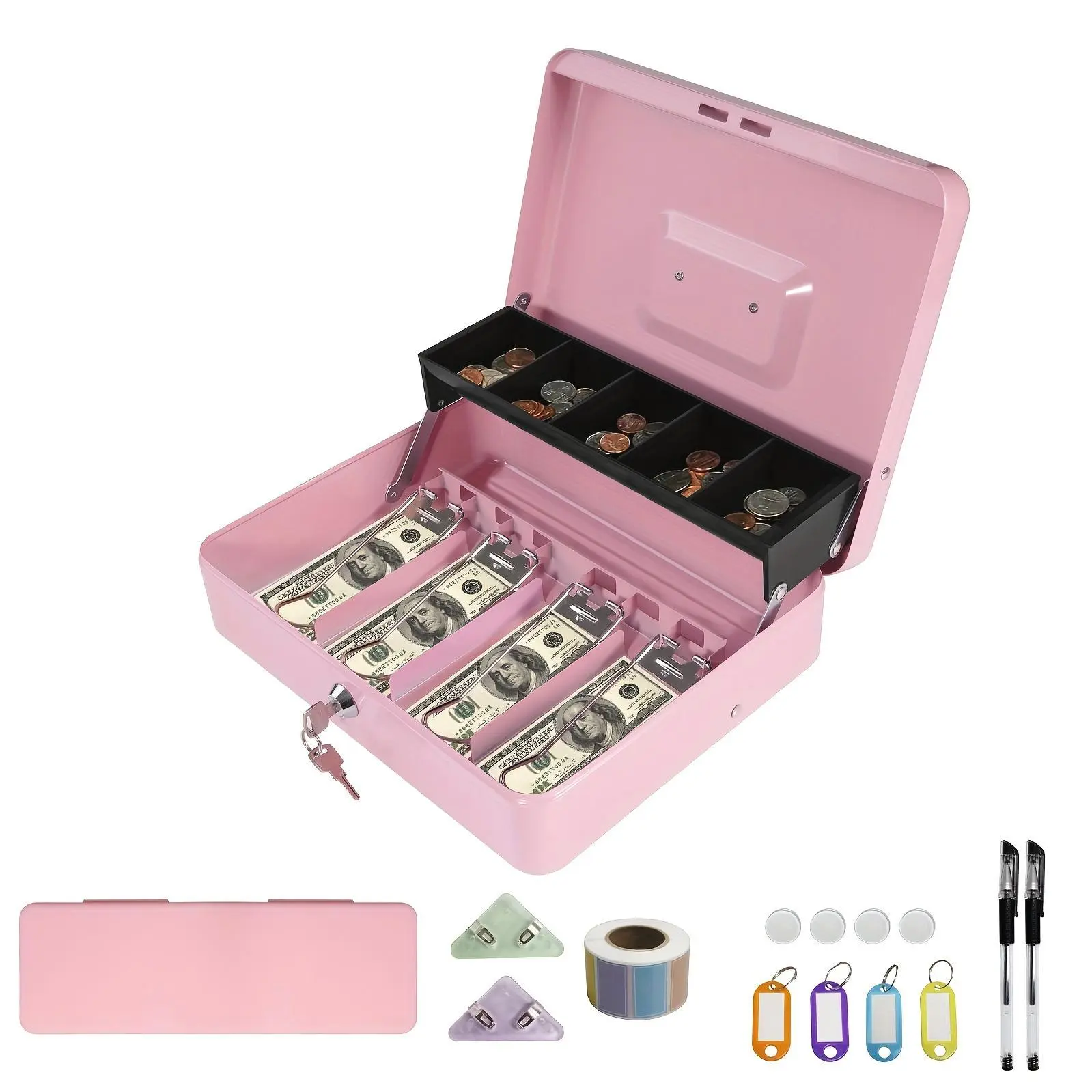 HOMEYUER Large Metal Lock-Secure Cash Box with Multiple Trays, 6 Accessories for Small Biz Cash Register Storage, Cash Storage