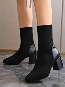 Women's Solid Color Knitted Ankle Boots, Comfortable Chunky Heel Slip-On Short Booties, Breathable Pointed Toe Elastic Shoes for All Seasons