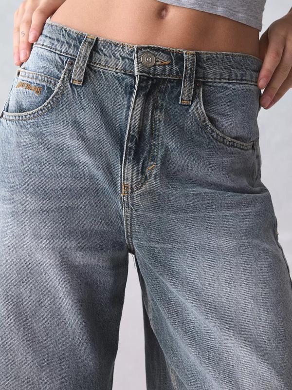 B D G Logan Buckle Baggy Barrel Jean Rigid Cotton Denim with Adjustable Back Buckle & Distressed Hem for Comfort & Style