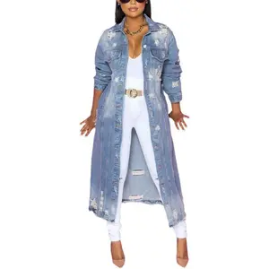 Women's Spring Fashion Ripped Holes Maxi Long Denim Jacket Trench Coat Can be used with raincoat