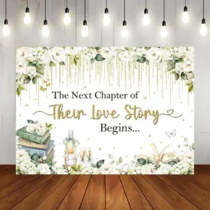White Floral Wedding Backdrop Love Story Style Polyester Fabric Photography Background Wrinkle Resistant HD Print Bridal Shower Decor Photo Booth