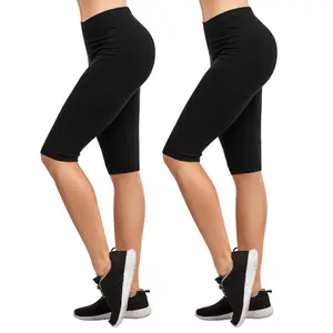 2 Pack Women's Cotton Biker Shorts Leggings Knee Length High Waisted No See-Through Athletic Workout Running Cycling Yoga Tummy Control Activewear