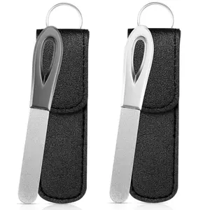 Metal Nail File with Case, 2 Pack Keychain Nail Files for Natural Nails, Fingernail Files Diamond Round Tip Stainless Steel Double Sided Fine Grit Silver Filer with Leather Sheath, Nail File Kit
