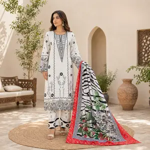 ZAROORI Ivory Noir Cotton Printed Pakistani 3-Piece Suit – Monochrome Design with Statement Printed Dupatta | Article No: ZR-691