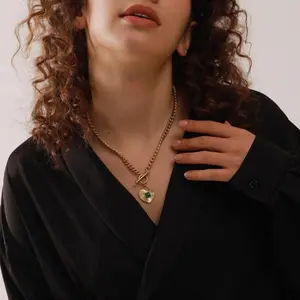 AMICON Fashion Personality OT Button Green Zirconium Striped Heart Necklace Women's Fashion Pendant set with 14K Gold Plated Cuban Chain