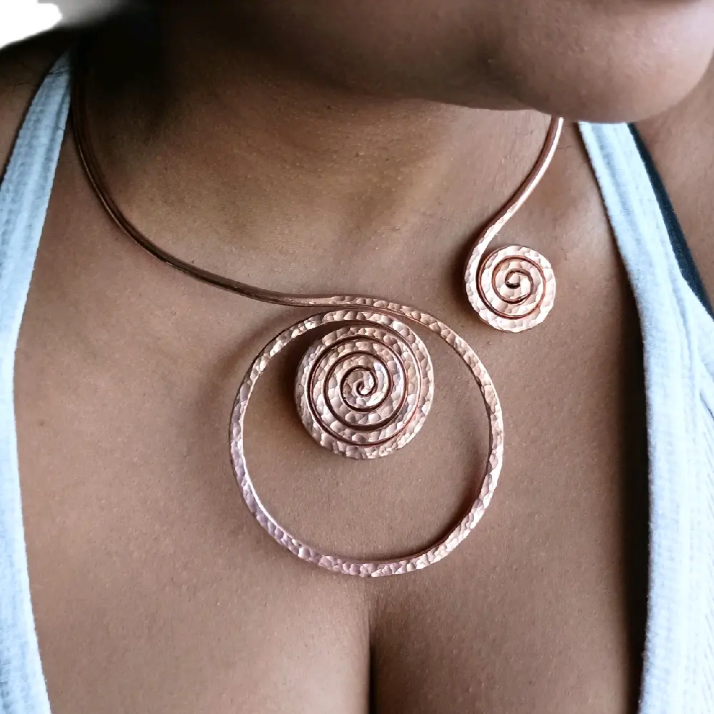 Copper Asymmetrical Necklace for Women - Open Collar Design, Hand Hammered Finish, Unique Circular Style, Soft 8 Gauge Wire, No Pendant