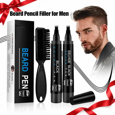 Men's Beard Pencil Filler- Male Mustache Repair Shape Beard & Hairline Pen with Brush, Long-lasting Waterproof Beard Filler Kit, 4-Fork Filling, Holiday Gifts, Birthday Gift, Easy to use