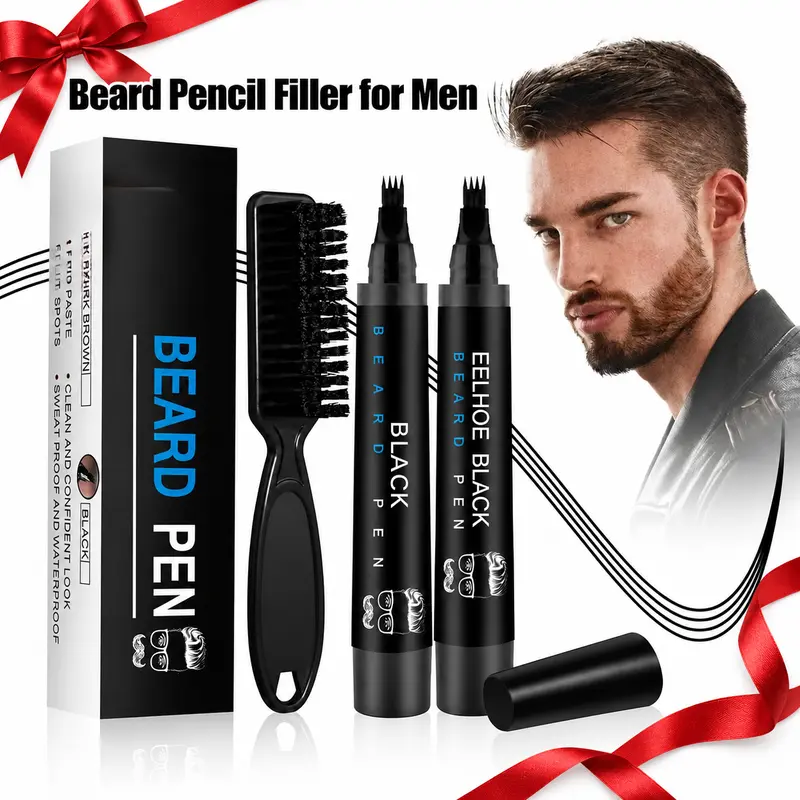Men's Beard Pencil Filler- Male Mustache Repair Shape Beard & Hairline Pen with Brush, Long-lasting Waterproof Beard Filler Kit, 4-Fork Filling, Holiday Gifts, Birthday Gift, Easy to use