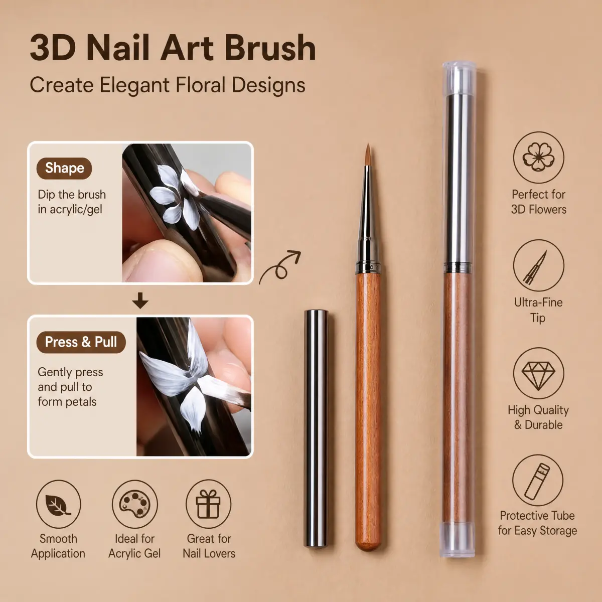 1Pc Triangle Angled Nail Art Brush - Smooth Elastic Wooden Handle with Protective Cap, Precision 3D Flower Butterfly Painting Pen, Professional Nail Care Tool for Home/Salon Manicure Gel, Compact with Storage Function, Triangle Tip
