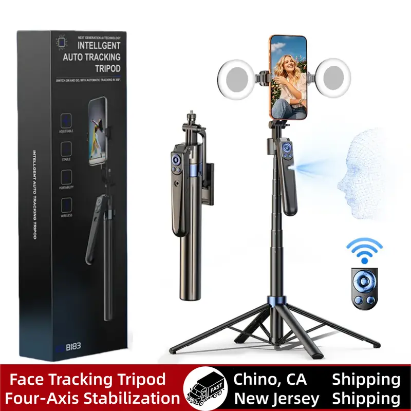 NEW 360-Rotatable Selfie Stick Tripod,Rechargeable Smart Face Tracking Tripod With 2 Fill Light, Auto Face Tracking Phone Holder for Vlog, Live Streaming,Smartphone Camera Accessories New Selfie Stick  face tracking  tripod