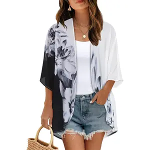 Floral Print Puff Sleeve Kimono Cardigan Loose Cover Up Casual Blouse Tops 2026