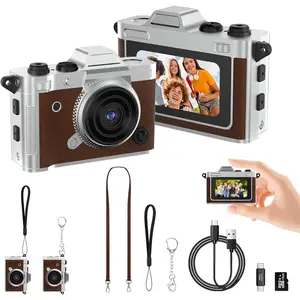 Digital Camera,   Camera for Teens & Beginners,  Leather Portable Small Camcorder with 16GB Card,   Video Recorder for Travel and Vlogging, Brown