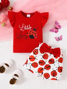 Baby girl's summer red short sleeved top "Little Lady" with ladybug print, ruffled sleeves paired with printed shorts with red bow decoration, cute baby outfit outfit