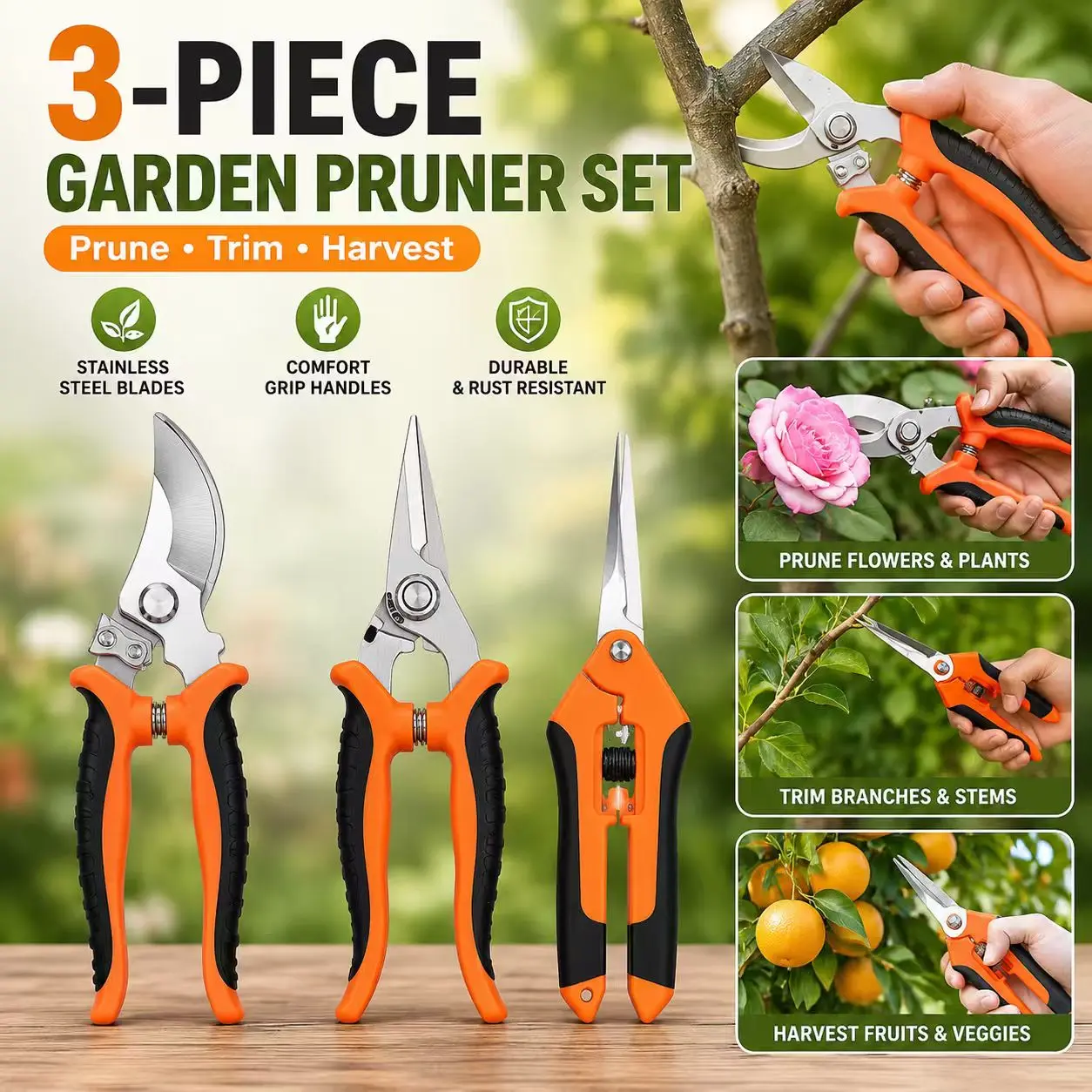 3-Piece Garden Pruner Set, Stainless Steel Pruning Shears Kit with Bypass Pruner, Fruit Picking Pruner & Bonsai Snips, Ergonomic Non-Slip Handles for Branches, Flowers & Fruit Cutting