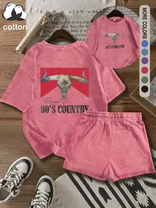 Women's suit, Raised On 90'S COUNTRY print pattern, cotton round neck outdoor sports, women's short-sleeved shorts washed distressed style casual two-piece suit, street Y2K women's clothing, Graphic Tracksuit