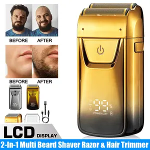 2IN1 Blade Head Shaver Razor Wet/Dry Men's Beard Shaver USB Electric Shaver Razor Strong Reciprocating Trimmer Machine twin shaver men Brush Gold, Portable Shaver, Cordless Shaver