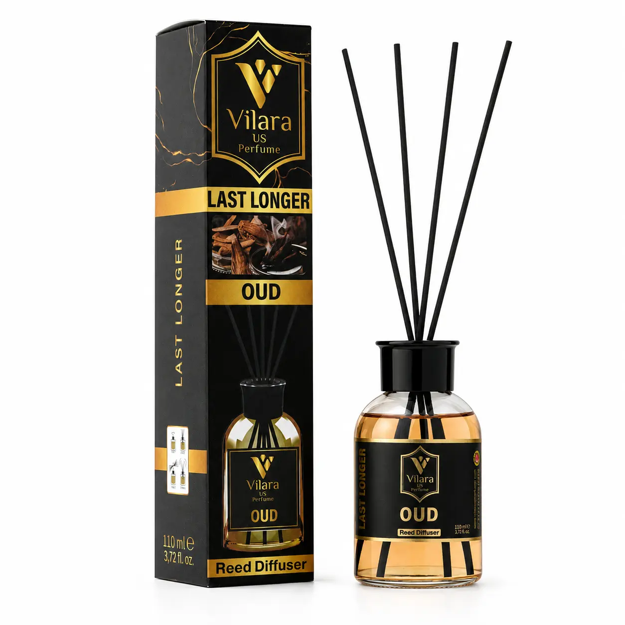 Oud Diffuser Set with Sticks - Reed Diffuser for Bathroom, Bedroom, Office, Living Room - Woody Aromatics for Home Aromatherapy - Luxury Fragrance Sticks Diffuser Set - 110 ml (3.72 fl oz)