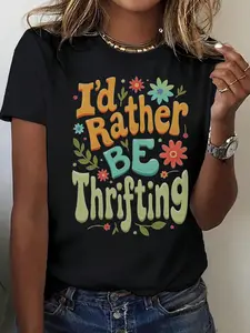 Women's "I'd Rather Be Thrifting" Slogan T-Shirt - 100% Retro Vintage Thrift Shop Tee With Thrift Iconic Logo Design, Machine Washable Casual Summer Top For Thrift Store Outfits & Casual Attire