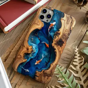 Koi Fish Faux Wood Resin Phone Case, Blue Epoxy iPhone MagSafe Tough Case