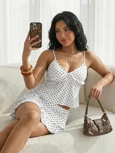 Summer Casual Sweet Polka Dot Women's Short Skirt Set, Cute Slim-Fitting Half-Sleeve Top & Bottoms, Home Wear Fashion Matching