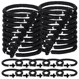 30pcs Black Polymer Clay Bead Cross Bracelets - Handmade Elastic Christian Wristbands Bulk for Women Party Bracelet Packs