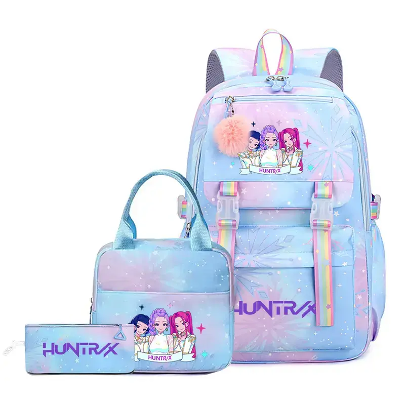 Girls' 3-Piece KPOP Cartoon Print Backpack Set - Pink Rainbow Heart Star, Large-Capacity Lightweight Water-Resistant Student School Bag with Insulated Lunch Bag & Matching Pencil Pouch (Campus, Travel)