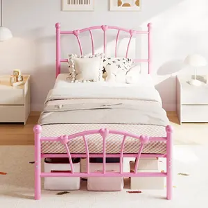 Twin XL Bed Frame for Kids, Pink Twin XL Size Bed with Headboard and Footboard, Heart Shaped Platform Bed Frames, Heavy Metal Slat Support, Noiseless, No Box Spring Needed