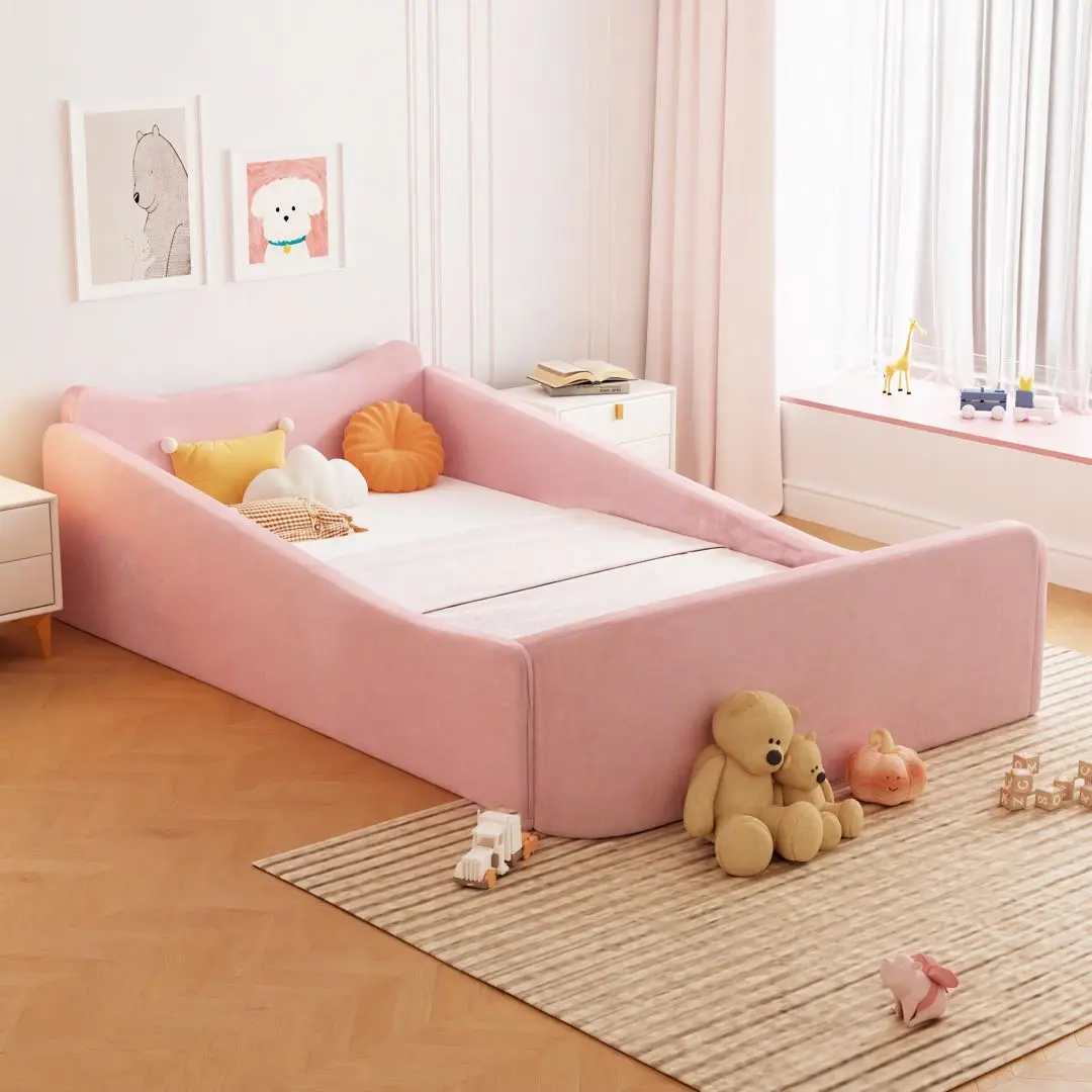 JOYMOR Montessori Floor Bed - Toddler Furniture with Safety Guardrail, Unisex Animal Ear Shapes, Soft Velvet Wood Design for 5-6 Years Safer Sleep Infant & Toddler Beds, Mattress Not Included
