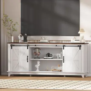 Classic Farmhouse TV Stand Cabinet for 75" Television,Home Entertainment Center with Adjustable Shelf&Sliding Barn Doors,Media TV Console Table,White