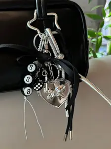 Black Silver Contrasting And Retro Elements Bag Pendant, Butterfly Love Mirror, Black 8 Billiards Bead Keychain Decoration, Butterfly Charm, Stylish Backpack Charm, Backpack, Suitable For Women's Bags, Can Be Used As Birthday Gifts, Bag Charm Pendants
