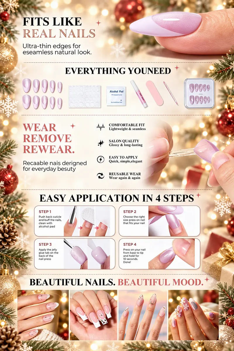 AILLSA Christmas Press On Nails for Women, Reusable Fake Nails with Cute Snowflake & Glitter Designs, Glossy Trendy Press Ons for Christmas Party, Date Night, Winter & Holiday