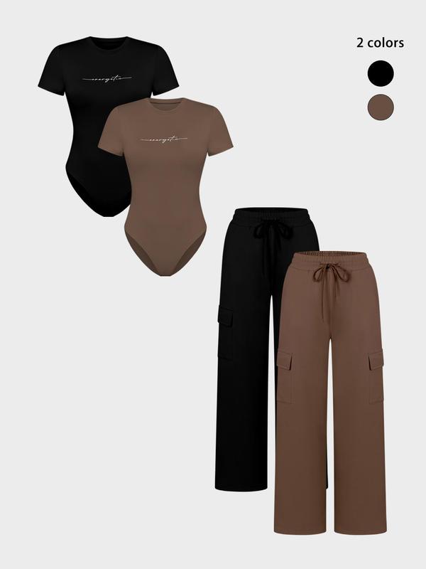 Women's Knit Letter Print Two-Piece Set, Casual Fitted Short Sleeve Jumpsuit & Long Pants, All Seasons Fashion