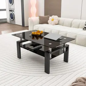 Rectangle Black Glass Coffee Table, Black Legs Modern Home Furniture Side Center Tables For Living Room
