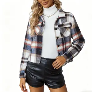 Women's Cropped Flannels Plaid Jacket Fall  Shirt Coat Button Casual collar basic jackets Halloween