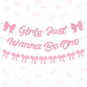 1Set Just Wanna Be One Birthday Banner, Coquette 1st Anniversary Birthday Decorations, 1st Anniversary Birthday Bow Banner, Just Wanna Be One Birthday Decorations for 1st Anniversary Birthday Party Supplies room decor