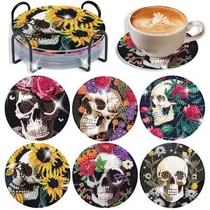 6-piece 5D Diamond Art Kit, DIY Skull Diamond Painting Coaster, with tool kit, cork mat, and storage rack. Suitable for adult craft enthusiasts.
