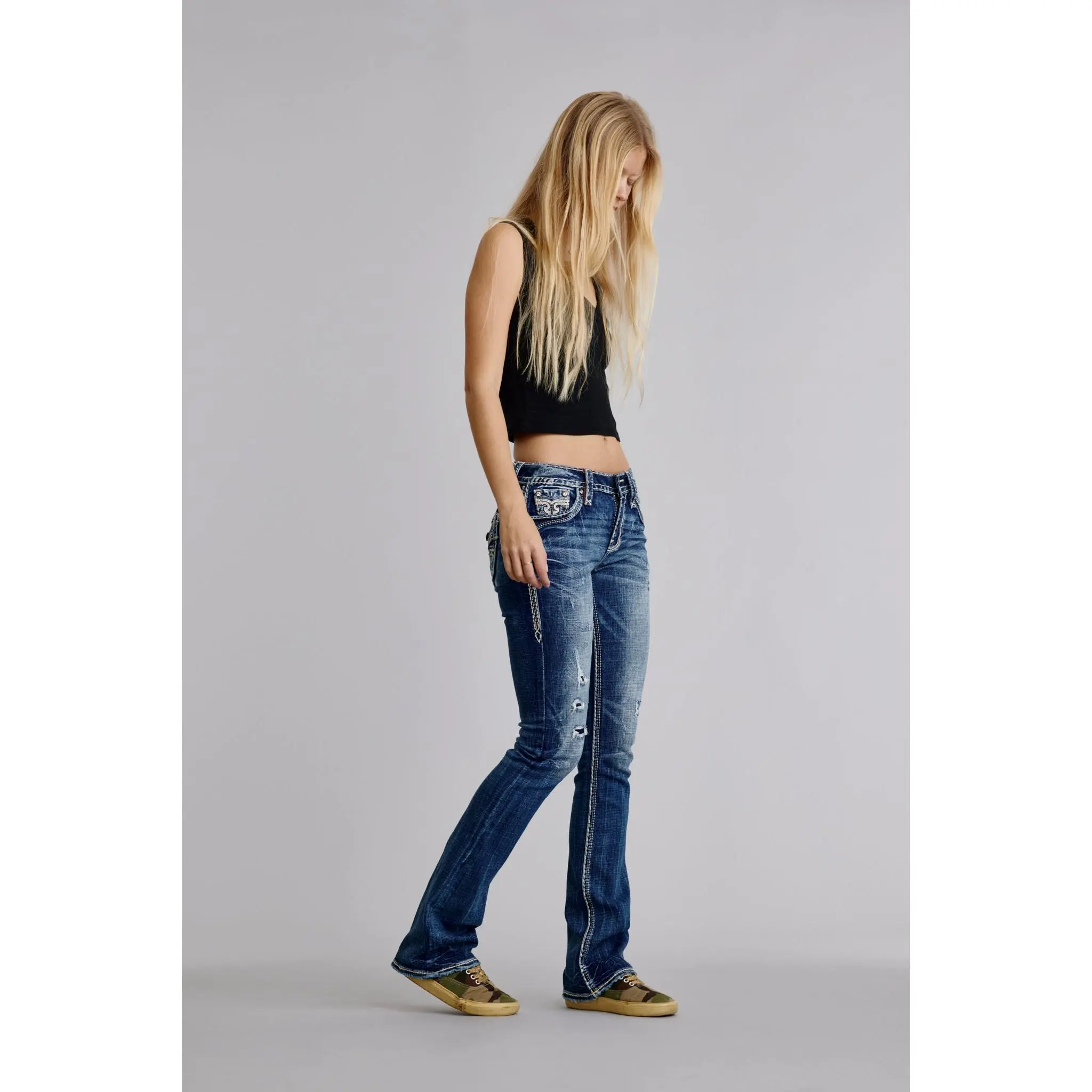 Lady's Leather-Accent Bootcut Denim Jeans - Arielle Style Women's Bottom Piece with Pocket Design, Metallic Accents, Flattering Fit, Embroidered Details, Button Closure