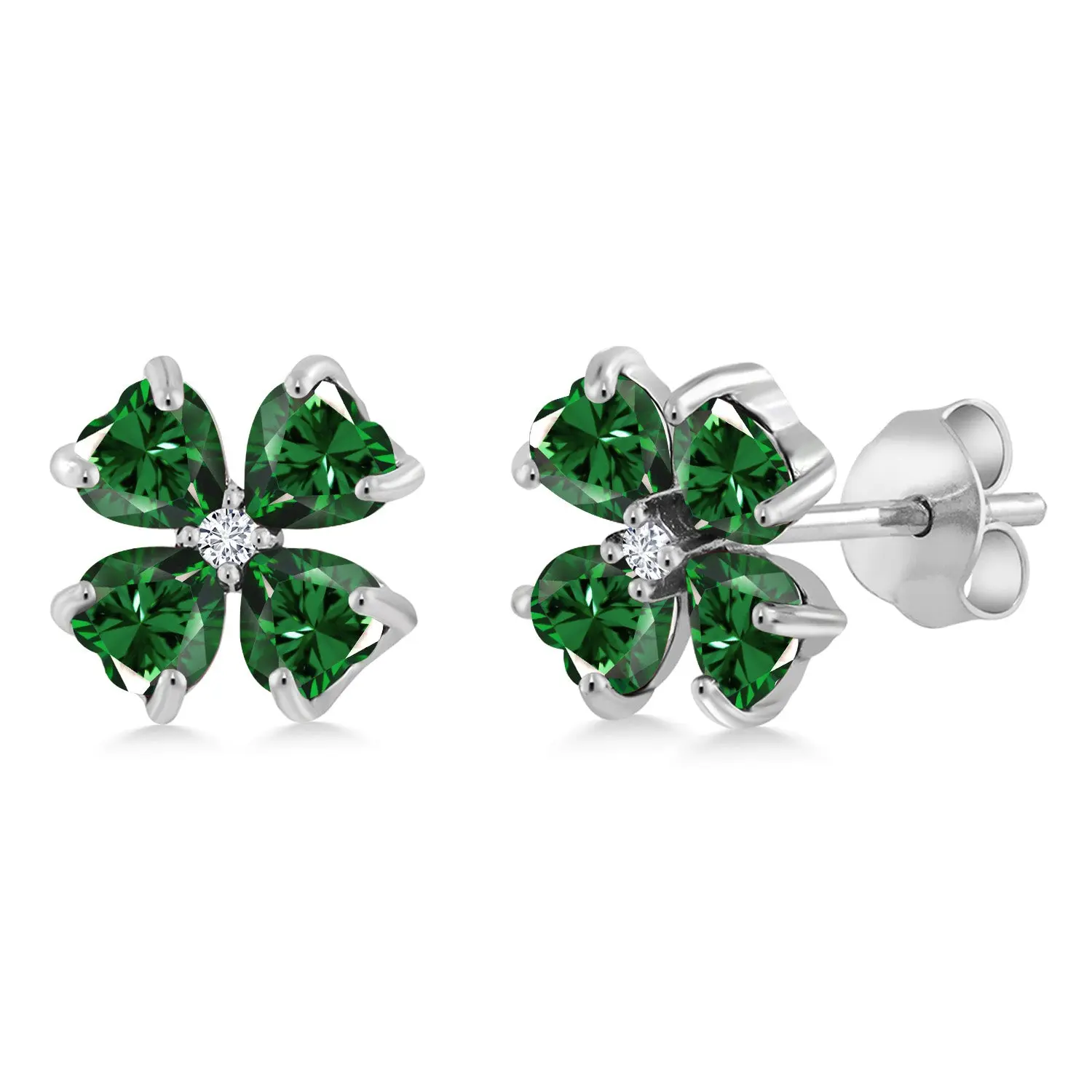 3.23 Cttw Green Nano Emerald and White Lab Grown Diamond Earrings For Women | 925 Sterling Silver | Gemstone May Birthstone | Heart Shape 4MM