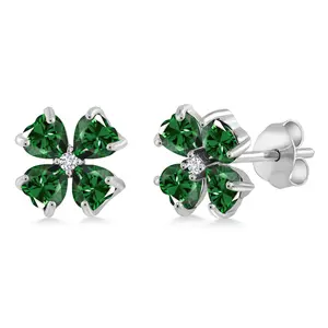 925 Sterling Silver Green Nano Emerald and White Lab Grown Diamond Earrings For Women | 3.23 Cttw | Gemstone May Birthstone | Heart Shape 4MM
