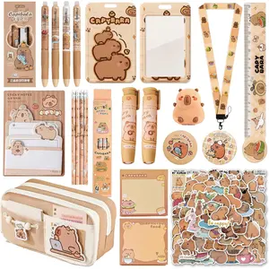 Cute Capybara School Supplies set ballpoint pens, pencil cse, sticky notes ,pencil sharpener,ruler,Badge,pencil,ID badge holder with lanyard,erasers,