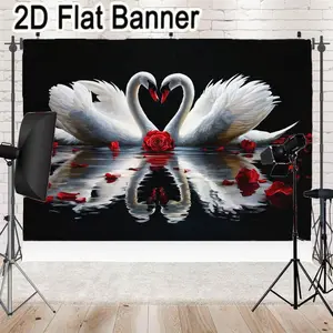 2D flat banner, 1pcRomantic White Swans & Red Rose Heart-Shaped Neck Backdrop, Black Background Water Reflection for Valentine's Day Decor, Romantic Party Supplies, Couple Wedding Banner, Symmetrical Tender Scene Photography Prop