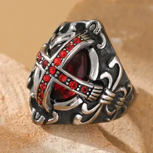 Gothic Retro Domineering Red Synthetic Zircon Cross Geometric Stainless Steel Men's Ring, Holiday Party, Father's Day, Halloween, Carnival, Graduation Gift, Dressing Up Accessories and Ornaments
