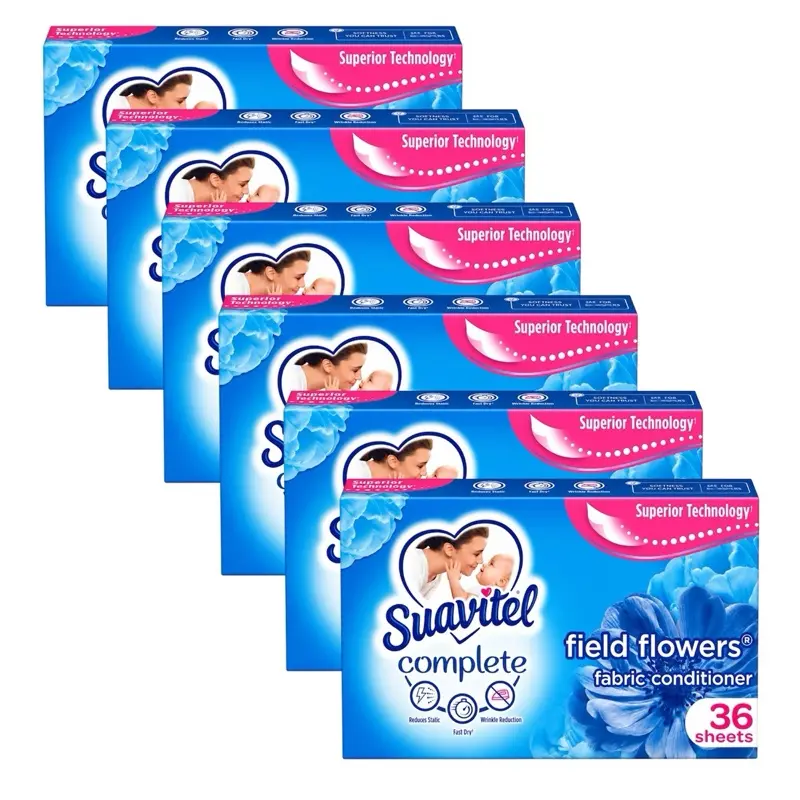 Suavitel Complete Fabric Softener Dryer Sheets, Field Flowers - Pack Of 6, 216 Sheets Total