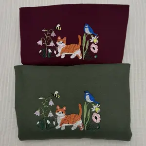 Spring meadow cat embroidered sweatshirt
